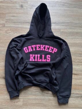 Black Hoodie with Pink "GATEKEEP KILLS" Graphic